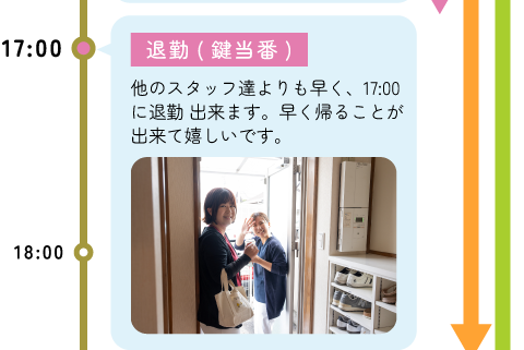 17:00 退勤(鍵当番) -他のスタッフ達よりも早く、17：00に退勤出来ます。早く帰ることが出来て嬉しいです。